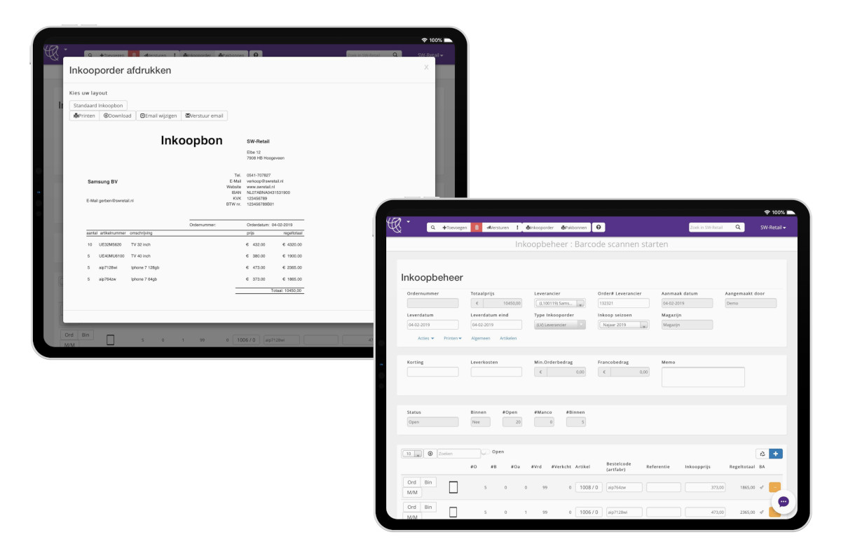 Voorbeeld van het inkoopbeheer en een inkooporder in het SW-Retail systeem op tablets