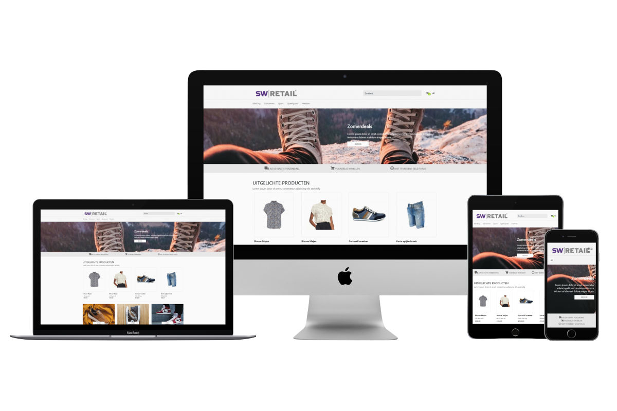 Voorbeeld SW-Retail webshop thema in desktop, laptop, tablet en mobiel variant