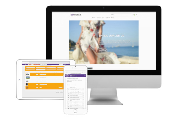 Voorbeeld webshop op desktop, cloud kassasysteem op tablet en overzichten op mobiel