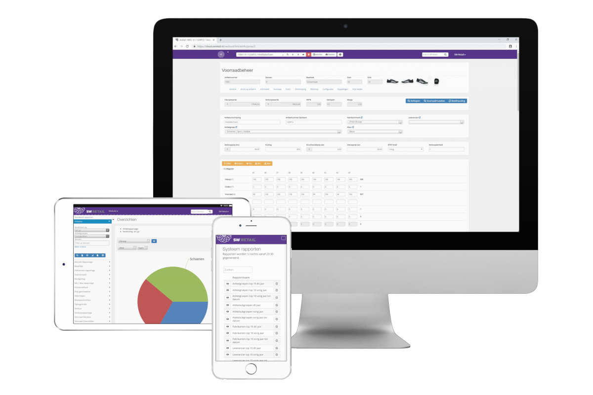 Voorbeeld van voorraadbeheer op desktop, rapportages vanuit het voorraadbeheersysteem op tablet en overzichten op mobiel