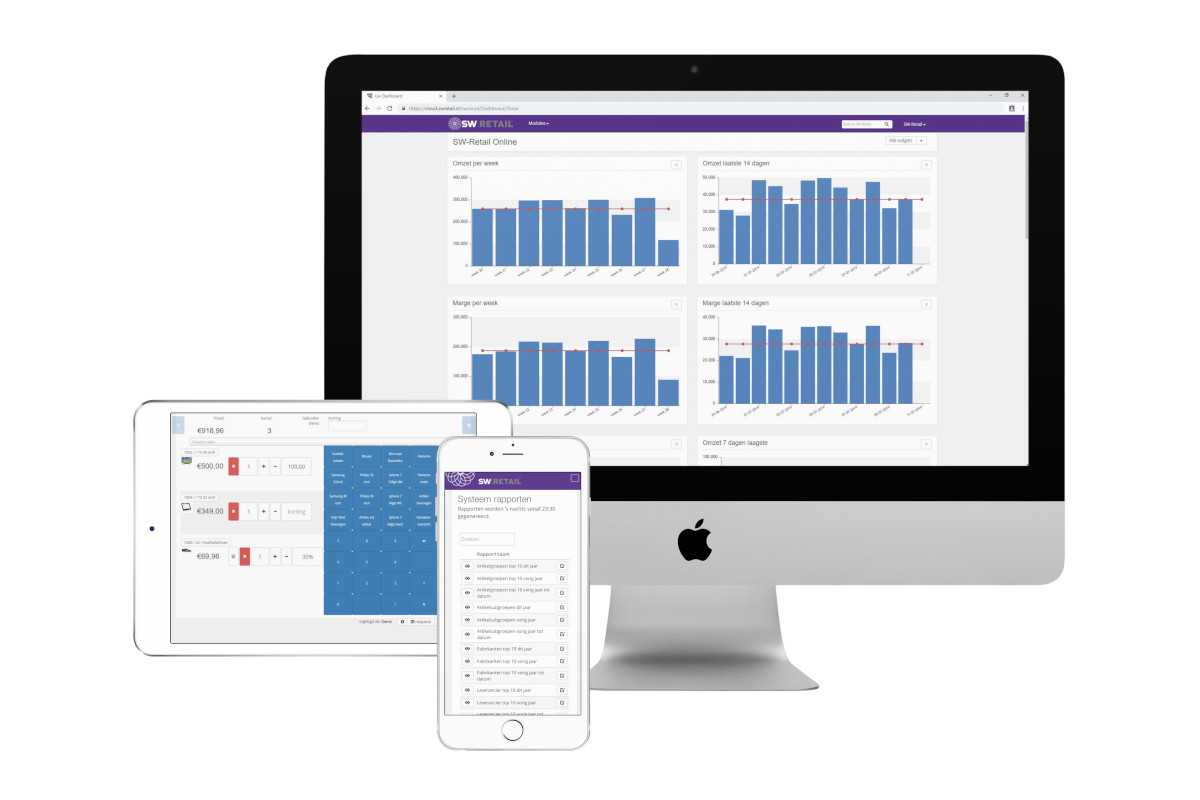 Voorbeeld SW-Retail dashboard op desktop, kassa op tablet en backoffice op mobiel