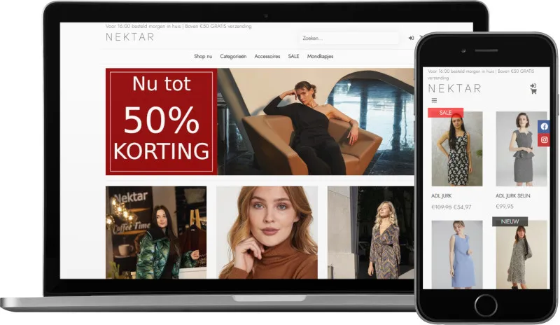 Voorbeeld webshop NEKTAR: homepage op laptop en artikeloverzicht mobiel