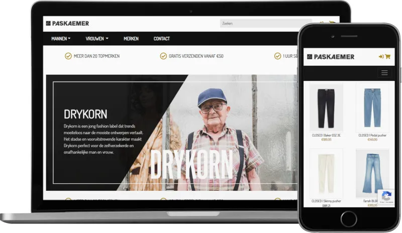 Voorbeeld webshop De Paskaemer: homepage op laptop en artikeloverzicht mobiel