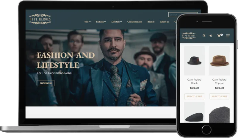 Voorbeeld webshop HYPE HEROES: homepage op laptop en artikeloverzicht mobiel