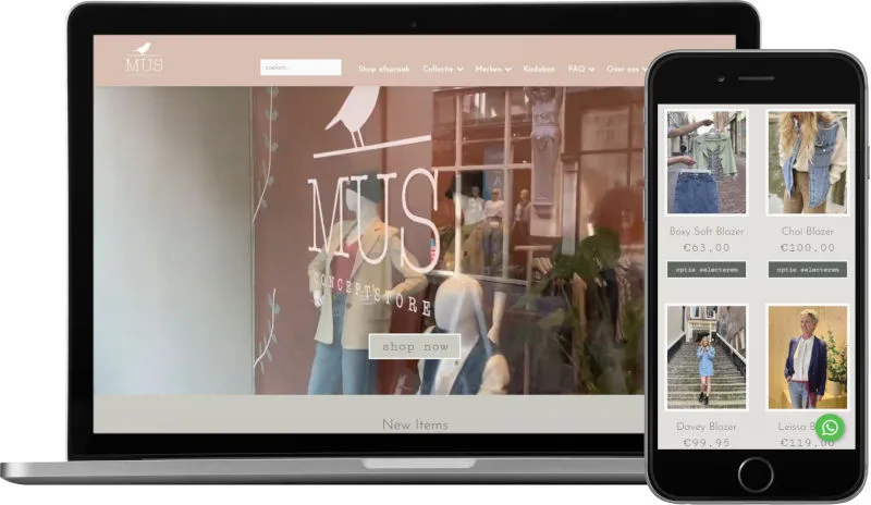 Voorbeeld webshop MUS conceptstore: homepage op laptop en artikeloverzicht mobiel